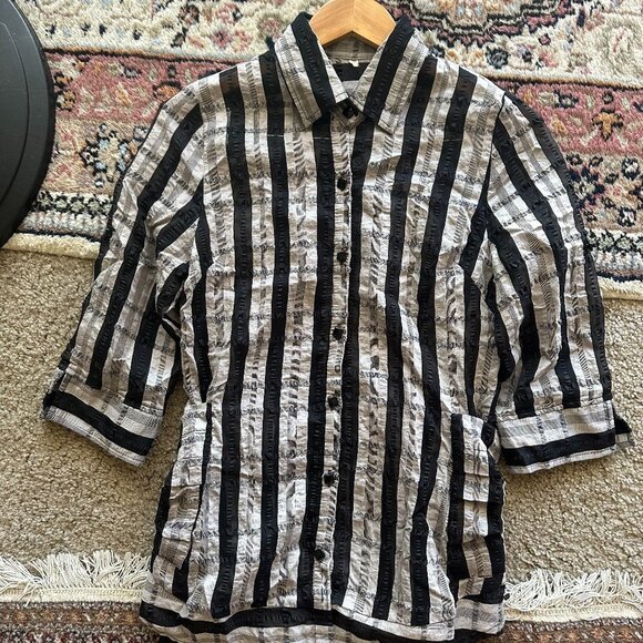 Womens Collar Shirt Black & White Stripes Button Up Long Sleeve W/Pockets SZ 8 - Picture 2 of 8